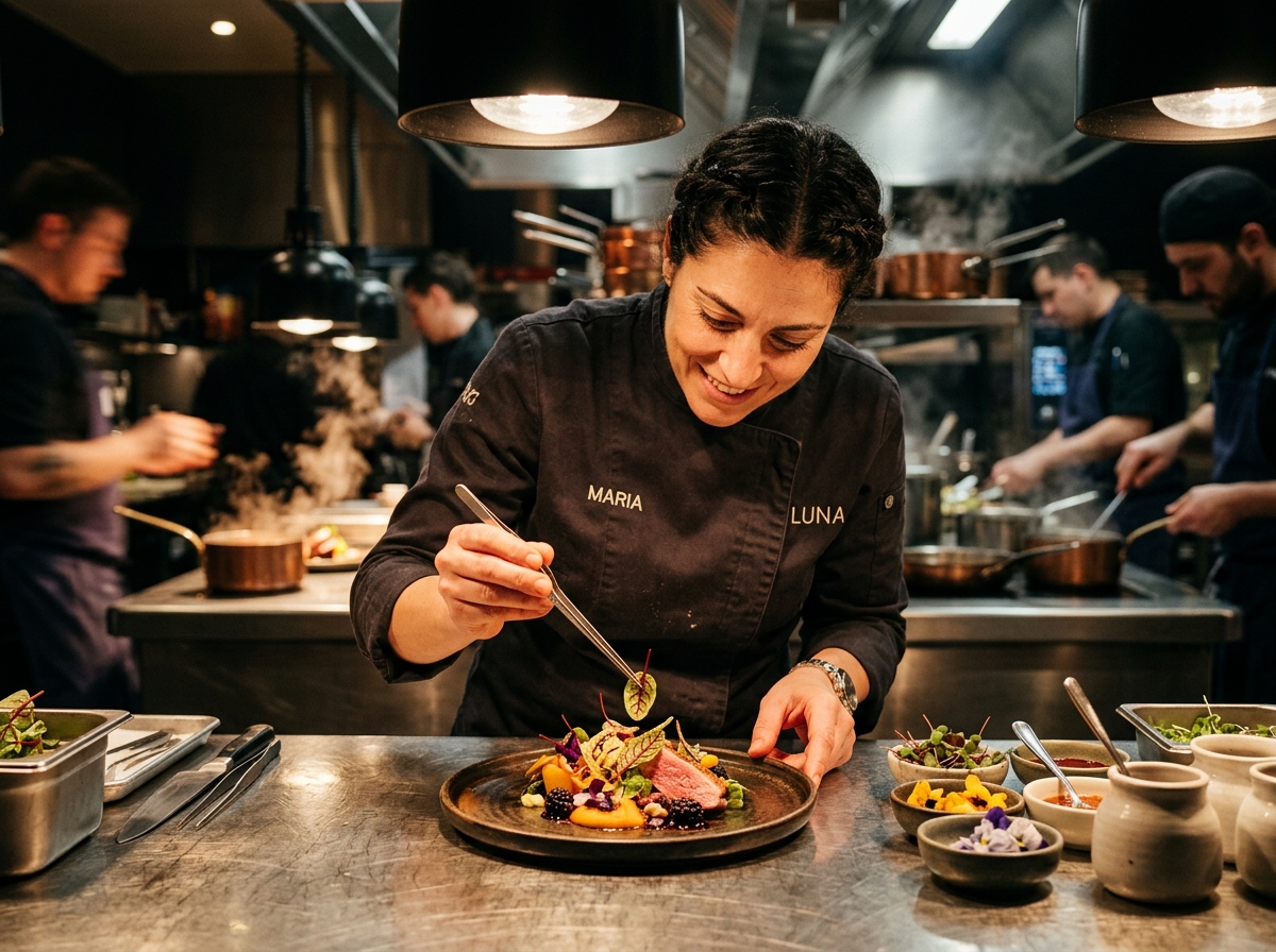 Chef plating artisan dish in restaurant kitchen