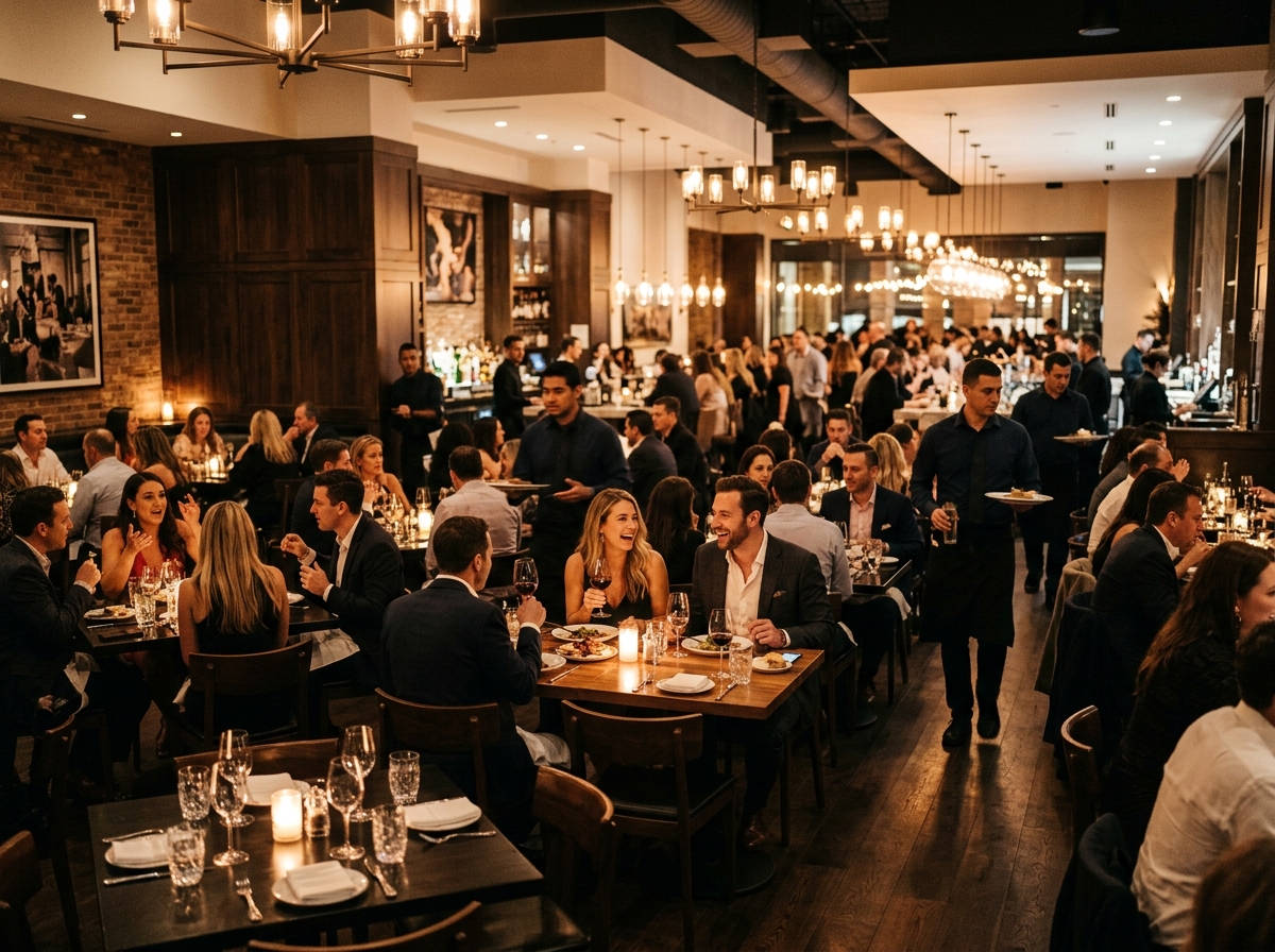 Packed vibrant restaurant dining room on Friday night