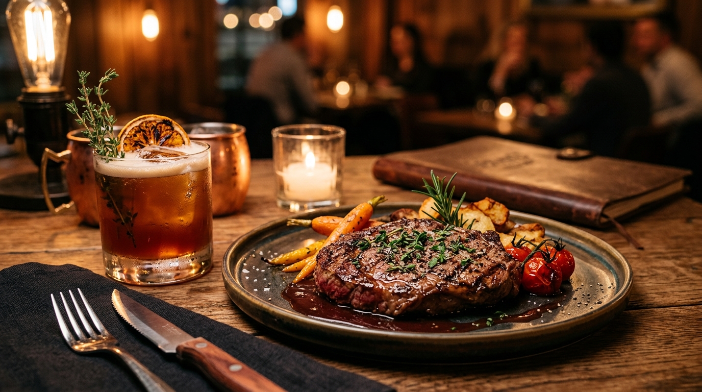 Signature prime steak dish with craft cocktail in luxury ambient dining room